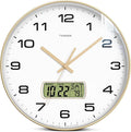 Wall Clock, 12" Dial Non-Ticking Silent Battery Operated Analog with LCD Display for Perpetual Calendar and F° Temperature, Ideal Modern Home, Bedroom, Kitchen, Office Decor (Gold)