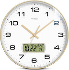 Wall Clock, 12" Dial Non-Ticking Silent Battery Operated Analog with LCD Display for Perpetual Calendar and F° Temperature, Ideal Modern Home, Bedroom, Kitchen, Office Decor (Gold)