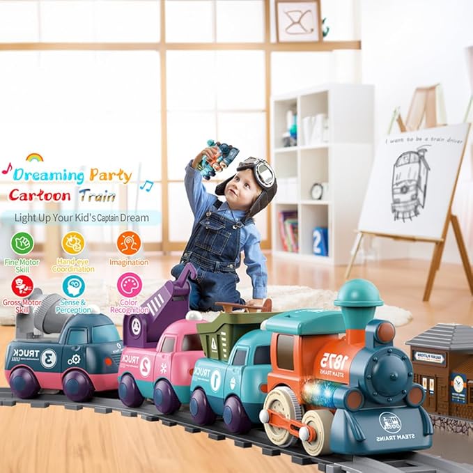 Kids Electric Train Toys with Tracks - Lighting & Music Trains for Boys Girls, Choo Choo Train，Magnetic Connection, Battery Operated, Birthday Gift for Boys Girls Age 4 5 6 7 8 (19052D-1)