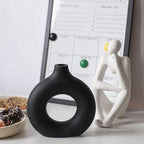 CEMABT Donut Vase Black Hollow Ceramic Vase for Flowers Handmade Minimalist Boho Style Decor for Wedding Dinner Table Party Living Room Office Bedroom