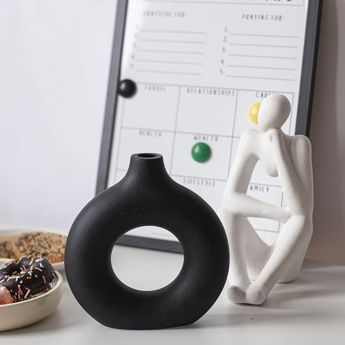 CEMABT Donut Vase Black Hollow Ceramic Vase for Flowers Handmade Minimalist Boho Style Decor for Wedding Dinner Table Party Living Room Office Bedroom