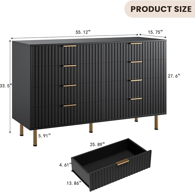 GarveeHome 8 Drawer Dresser for Bedroom, Fluted 55 in Wide Modern Chest of Drawers with Deep Drawers, Wooden Dresser Organizer for Living Room, Hallway, Kids Room, Black