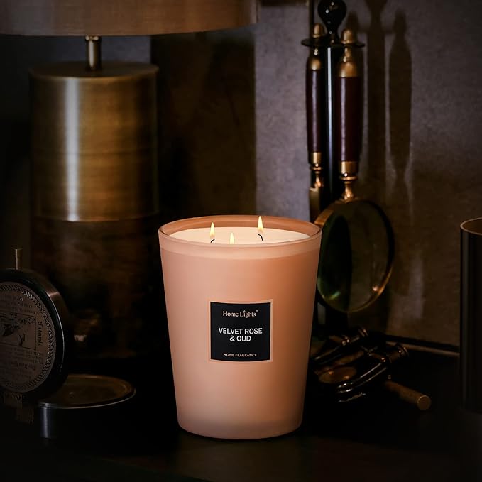 HomeLights Scented Candles | Large Jar Candle-33.3 Oz. Natural Soy Aromatherapy Candles | Up to 130 Hours Burn Time with 3 Cotton Wicks, Home Decorative Fragrance Candles Gift - Velvet Rose Oud