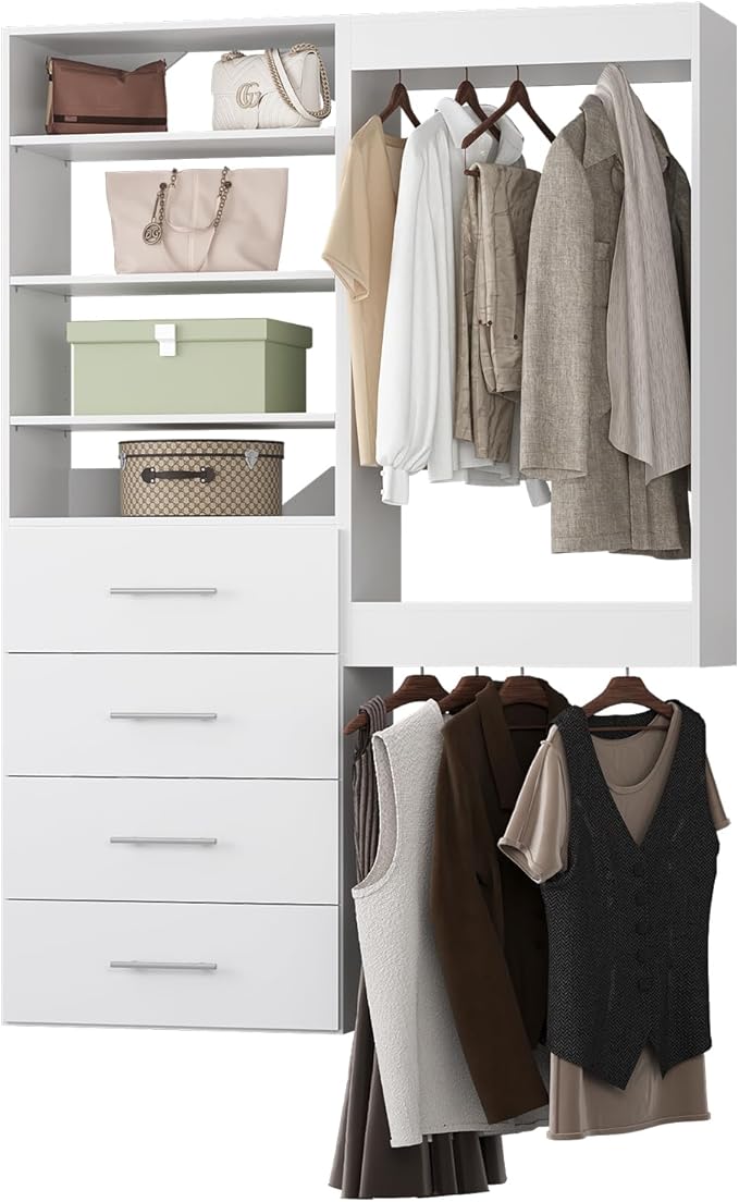 Modular Closet System, 55" Wide Closet Organizer System with Tower and Drawers, Wood Tower Closet Storage for Walk In Closets, Wall Mounted Wardrobe Organizer Kit System, Bedroom, White