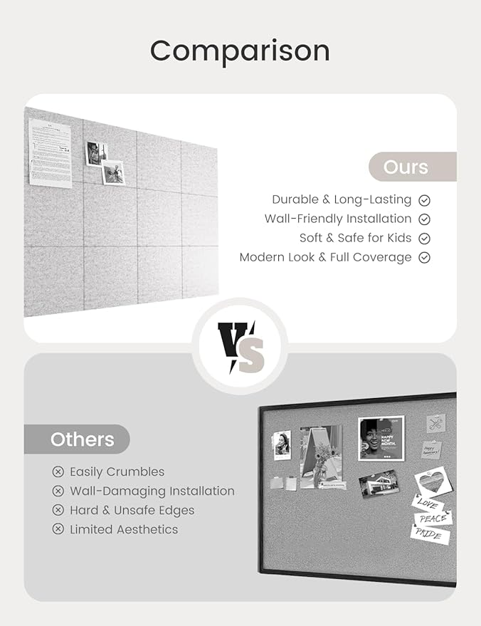 Bumusty Large Cork Board 48" x 36" Alternative - 12 Pack Felt Wall Tiles with 70 Safe Removable Adhesive Tabs, 30 Pushpins, Cork Boards for Walls Pin Board Bulletin Board Office Decor (Marble Gray)