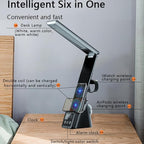 IHAO 6in1 Multifunctional Foldable LED Desk Lamp with Wireless Charger Digital Alarm Clock Eye-Care Lighting 3 Color Modes 15W Qi Charger for Phone/Headphones Compatible with iWatch Charger-N61 White