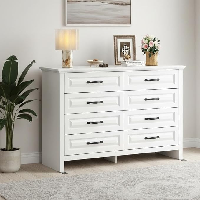 Marsail Farmhouse 8 Drawer Dresser, Wood Chest of Drawers with Natural Texture, Smooth Gliding Drawers, Versatile Storage Organizer Cabinet for Bedroom & Living Room, White