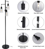 3 Lights Floor Lamp, Industrial Tree Lamp for Living Room Bedroom, Black Modern Dimmable Farmhouse Standing Lamp, Tall Pole with Clear Glass Shade
