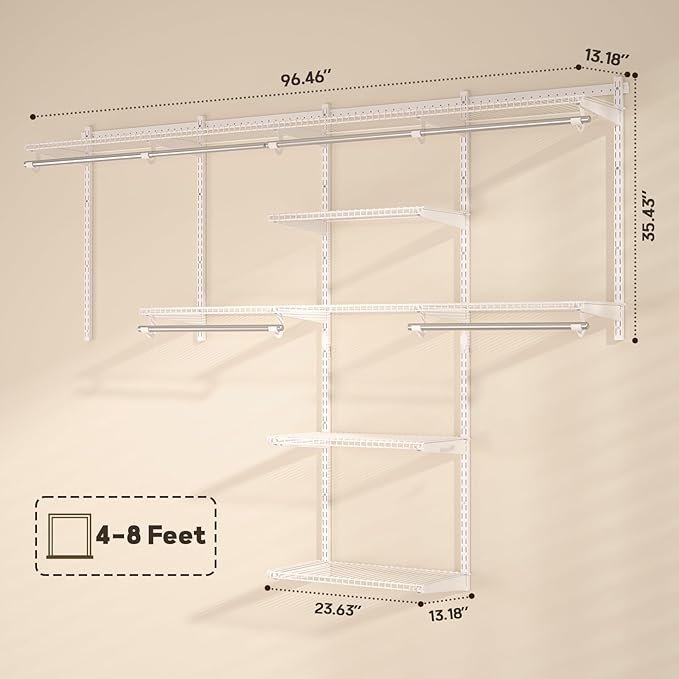 Homde Closet Organizer System Wall Mounted, 4-8 Ft. Adjustable and Expandable Metal Wire Shelving , Custom DIY Wardrobe Kit with Shelf, Clothes Hanging Rods,White