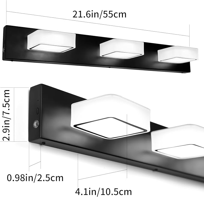Megastar Rechargeable Battery Operated Vanity Light, Remote Control, 3CCT, 60W Equivalent Acrylic Matte Black Bathroom Vanity Lights Over Mirror, 3 Lights,Non-Hardwired/Power Outage,21.6Inch