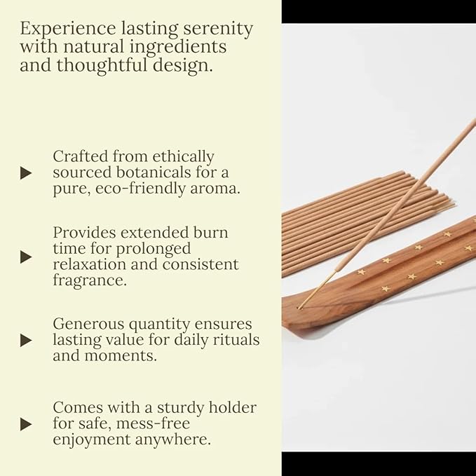 Incense Sticks 8 Inch, Made from Temple Flowers, Sandalwood and Frankincense Blend, Includes Incense Burner Stand, 80 Count, Long-Lasting Aroma for Meditation, Yoga, Home