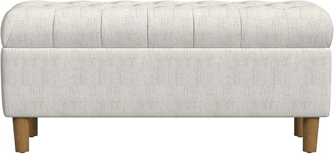 Homepop Home Decor | Tufted Ainsley Button Storage Ottoman Bench with Hinged Lid | Ottoman Bench with Storage for Living Room & Bedroom, Cream Textured Solid