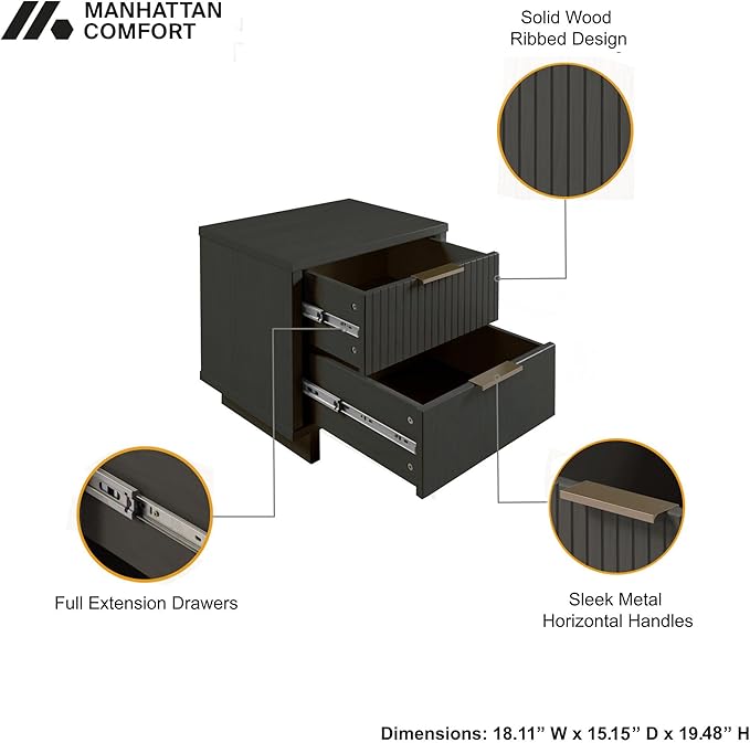 Manhattan Comfort Granville 2 Piece Modern Bedroom Dresser Set, Includes Standard Drawer Storage and Nightstand with Solid Wood Vertical Ribbed Design and Gold Accents, Dark Grey