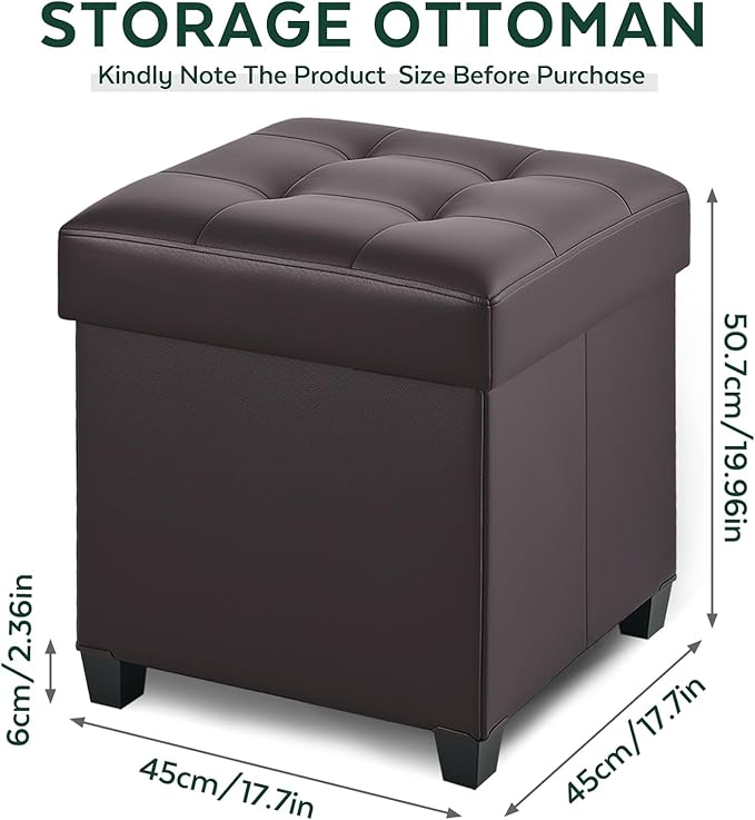 17.7" Ottoman with Storage, Square Storage Ottoman for Dorm, Faux Leather Ottomans with Legs for Living Room, Bedroom, Brown