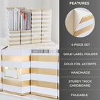 BLU MONACO Set of 4 Gold & White Striped Magazine File Boxes | Foldable Cardboard File Organizer Boxes with Gold Label Holders | Stylish Desk Organizer for Home Office and Classroom