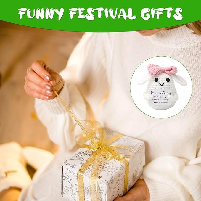 WASTIME Funny Knitted Wool Doll Toy with Positive Card - Creative Cute Mini Crochet Positive Potato Dolls Cheer Up Gift for Family Kids Friends Encouragement Decoration (C- Positive Bunny)