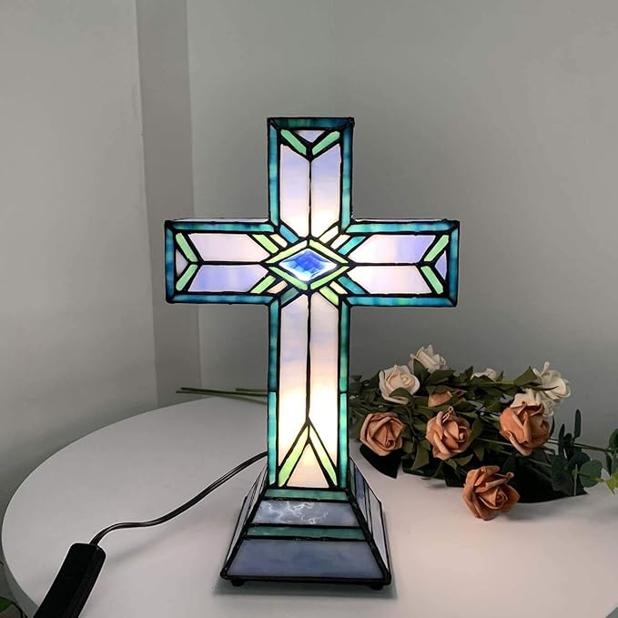 Bieye L10815 Christian Cross Tiffany Style Stained Glass Accent Table Lamp for Home Décor (Mission)