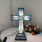 Bieye L10815 Christian Cross Tiffany Style Stained Glass Accent Table Lamp for Home Décor (Mission)