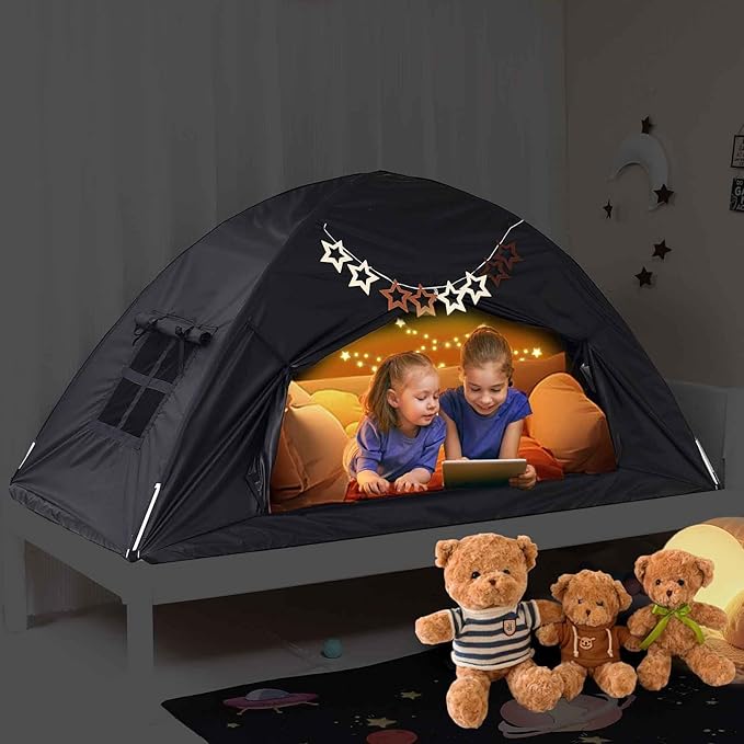 Bed Tent for Kid Twin Size Bed Canopy,Sensory Breathable Privacy Space Sleeping Drafty Room Dream Tents Indoor Play Tent Black-Out Kid Sleep Tent（Black,Full）