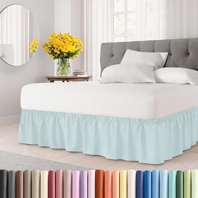 Wrap Around Dust Ruffle Bed Skirt - Ice Blue - Twin/Twin XL Size Beds w/ 12 Inch Drop - Easy Fit Elastic Strap - Adjustable Pleated Bedskirt w/Brushed Fabric - Wrinkle Free - Women, Men, Kids & Teens