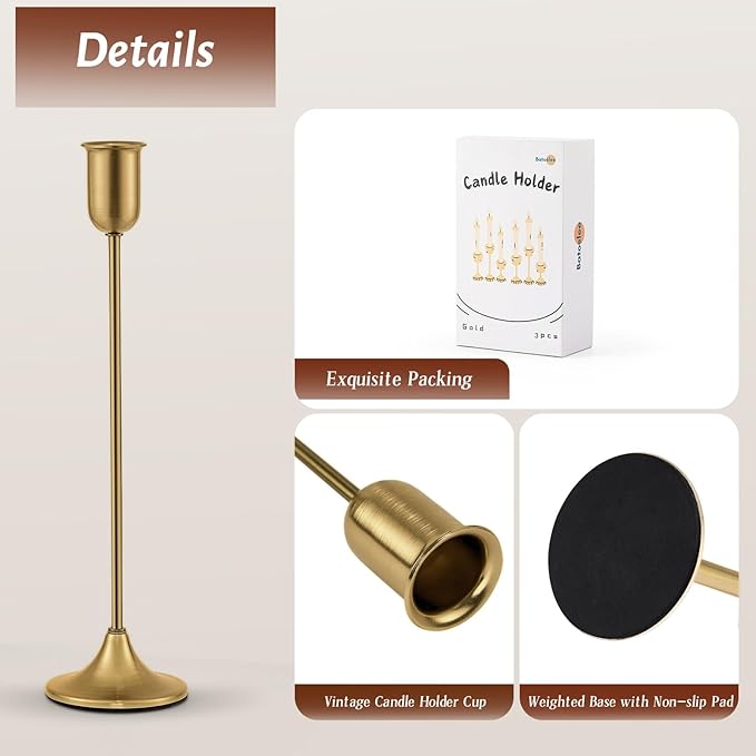 Candlestick Holders, Taper Candle Holders Set of 3, Gold Vintage Candle Sticks Holder Decor for Table Centerpiece, Fireplace Mantel, Weddings, Housewarming & Christmas Décor