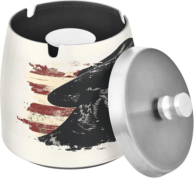 Cowboy Dog Vintage American Flag Ashtray with Lid, Outdoor Ashtrays for Patio, Stainless Steel Ashtray Odorless Smokeless for Home Office Balcony