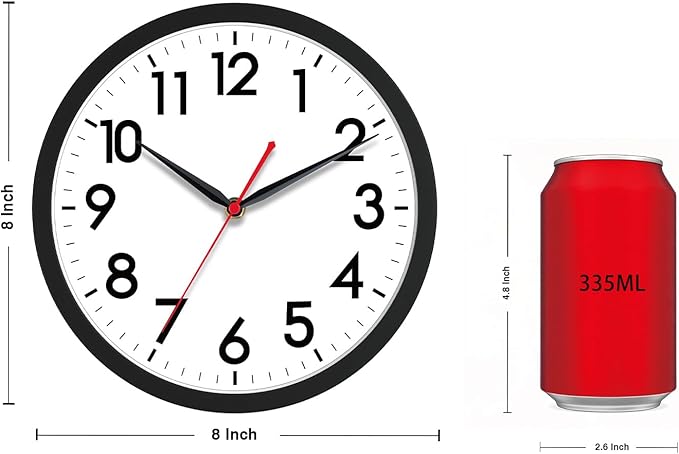AKCISOT Wall Clock, Modern Small Wall Clocks Battery Operated 8 Inch, Silent Non-Ticking Analog Classic for Office, Home, Bathroom, Kitchen, Bedroom, School(Black)