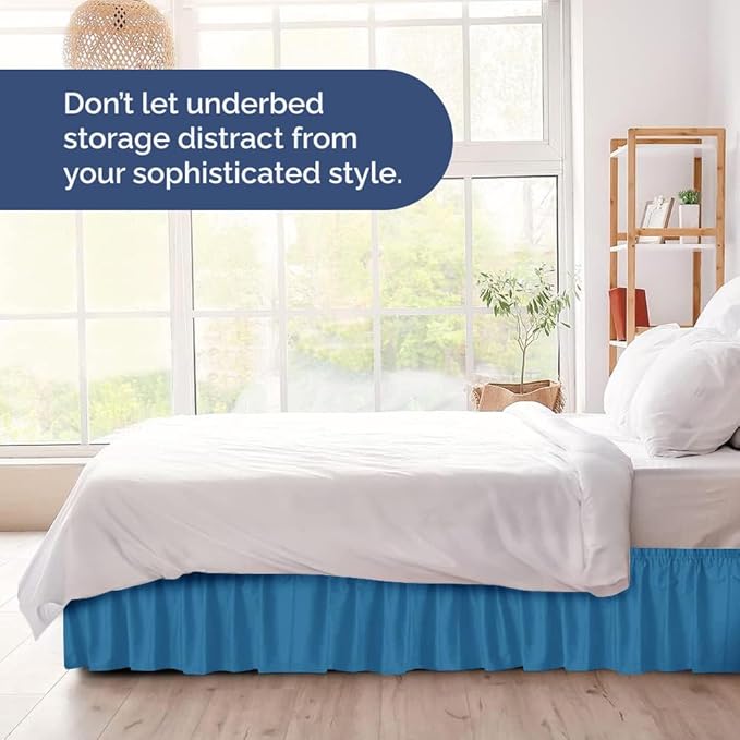 Wrap Around Dust Ruffle Bed Skirt - Denim Blue - for Full Size Beds with 21 Inch Drop - Elastic Strap - Adjustable Pleated Bedskirt with Brushed Fabric and Wrinkle Free - for Women, Men, Kids & Teens