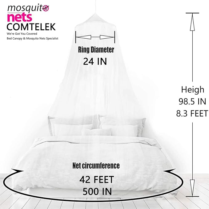 Bed Canopy with Double Circle White Feather Dream Catcher and 50 LED Fairy String Lights, Mosquito Net - Unique Style Dome Bed Netting Canopy Curtains Canopy - Suggested for Twin Full Queen King Bed