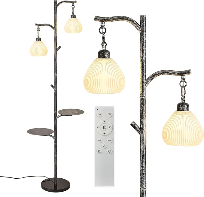 beaysyty Rustic Farmhouse Style Floor Lamp with Tray,Dimmable Floor Lamps, Custom Color Temperature Standing Lamp for Living Room and Bedroom, Painted Silver Gray