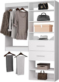ROOMTEC Modular Closet System, 67" Wall Mounted Closet Organizer with Hanging Rods and Drawers, Wooden Tower for Walk-In Closets, Wardrobe Storage Kit, White