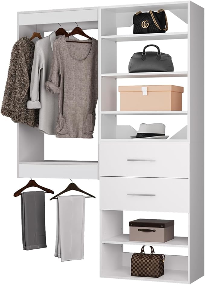 ROOMTEC Modular Closet System, 64" Wall Mounted Closet Organizer with Hanging Rods and Drawers, Wooden Tower for Walk-In Closets, Wardrobe Storage Kit, White