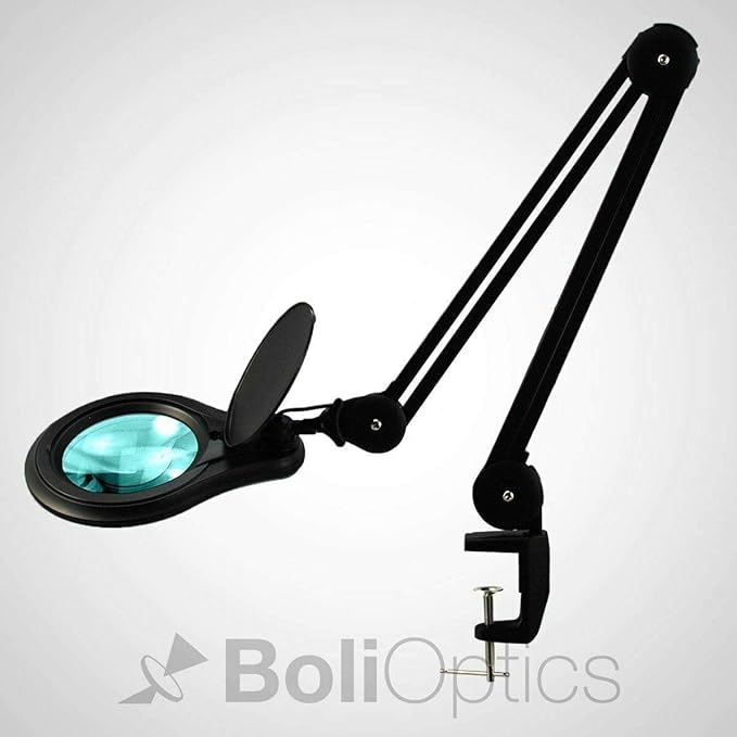 ESD Safe (Glass Lens) Professional LED Magnifying Lamp with Clamp (5 Diopter, 2.25X) Work Light, 4 Brightness Levels, Daylight Bright, 1200 Lumens, 5600K-6000K, Matte Black, BoliOptics MG16303222