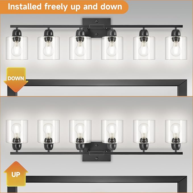 Black 6-Light Bath Vanity Lights for Mirror, Restroom Lights Fixtures with with Clear Glass Shades,Bathroom Over Sink Light Fixtures, Bathroom Light Fixtures Over Mirror