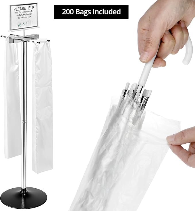 QWORK Umbrella Holder for Entryway, Stainless Steel Umbrella Bag Wrapper Station with Customizable Sign – 200 Long Bags Included, for High Traffic Areas