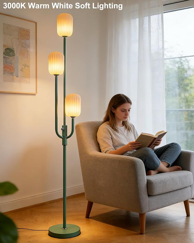 Lightdot 66IN Dimmable Floor Lamp 3-Lights Vintage Green Floor Lamps with Cylindrical Shade& Bulbs Included for Wedding/Party Modern Tall Standing Lamp for Living Room/Bedroom/Sofa Beside/Corner Decor