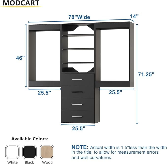 Modular Closet, 78" Wide Organizer with Hanging & Drawers, Wood Tower Storage for Walk-In Closets, Wall-Mounted Wardrobe Kit, Black