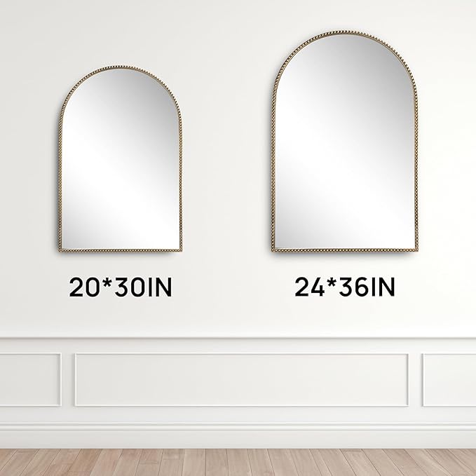 Arched Wall Mirror for Bathroom, 20"x30"-Ornate Decorative Bathroom Mirror with Beaded Metal Frame - Modern Distressed Hanging Wall Decor for Bedroom/Living Room/Entryway-Antique Gold Mirror