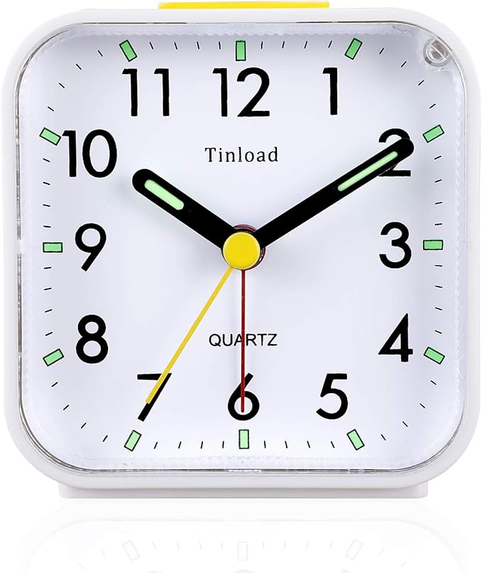 Small Battery Operated Analog Travel Alarm Clock Silent Non Ticking, Gentle Wake, Ascending Beep Sounds, Snooze,Lighted on Demand, Easy Set(White)