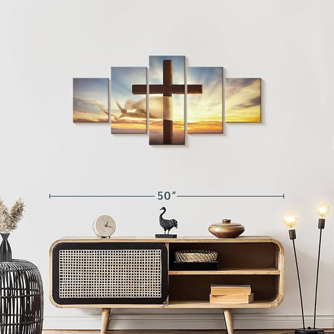 Elephant Stock Holy Cross Wall Art Multi Piece Canvas - 5 Panel Christian Pictures Decor - Digital Design Canvas Print - Christian Wall Decor - 42" X 19"