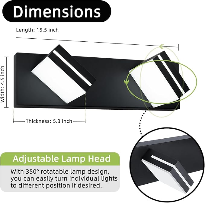 OKELI 2 Light Black Bathroom Vanity Light Over Mirror Modern LED Dimmable Bathroom Light Fixture Black 350° Rotatable Lamp Head 16W 6000K Cold White ETL Listed