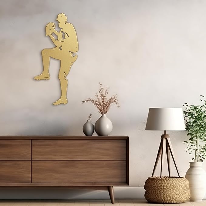SIGNLEADER Metal Wall Art Decor - Baseball Pitcher Sport Minimalist Modern Abstract Wall Sculpture Hanging Home Decoration for Living Room, Bedroom, Bathroom, Kitchen, Studio, Outdoor - 24" Gold