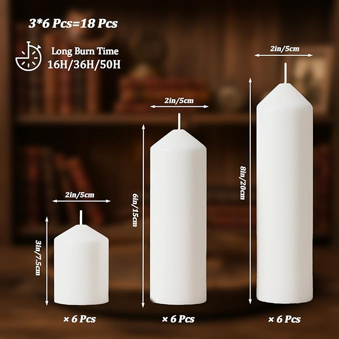 White Pillar Candles Bulk Set of 18，Hurricane Candles，3 Different Lengths 2 x 3/6/8 Inch (6 Each)，Dripless Unscented Smokeless，Gives You a Better Atmosphere When Organizing an Event Party.