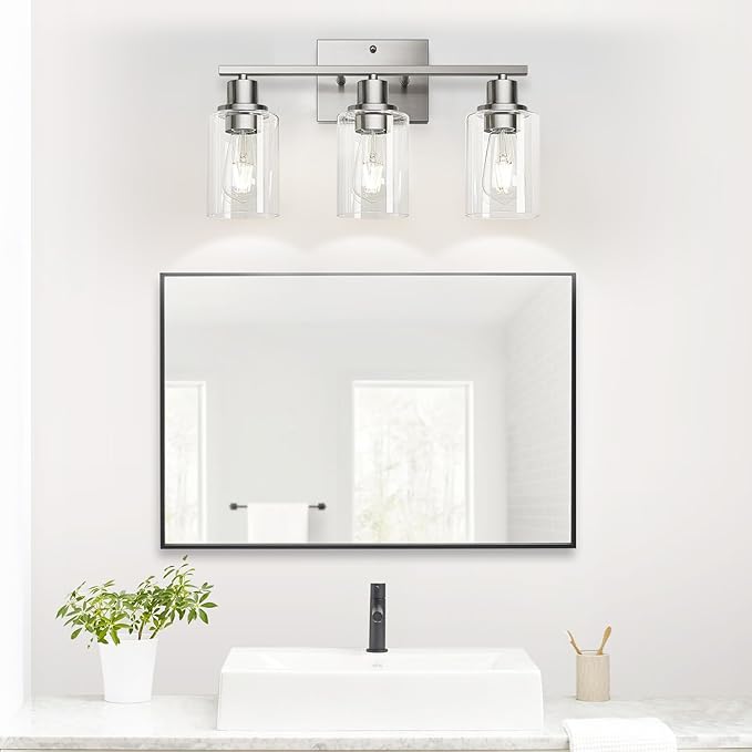 3-Light Bathroom Light Fixtures, Vanity Light with Clear Glass Shades, Brushed Nickel Bathroom Light Fixtures Over Mirror, Modern Bathroom Wall Lamp for Mirror Living Room Cabinet Bedroom