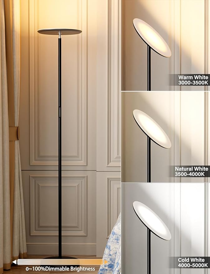 Modern LED Floor Lamp - Remote & Touch Control, 40W/2400LM Sky Torchiere Standing Lamp, Fully Dimmable, 3 Color Temperatures, Ideal for Living Room & Bedroom, Easy to Assemble