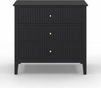 Large Black Fluted 3 Drawer Dresser, Modern 30 Inch Tall Wood Side Unit with Ball Bearing Slides, Wide Accent Furniture with Spacious Compartments for Bedroom Hallway Living Room Entryway
