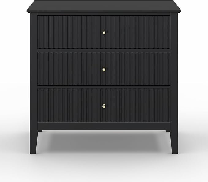 Large Black Fluted 3 Drawer Dresser, Modern 30 Inch Tall Wood Side Unit with Ball Bearing Slides, Wide Accent Furniture with Spacious Compartments for Bedroom Hallway Living Room Entryway