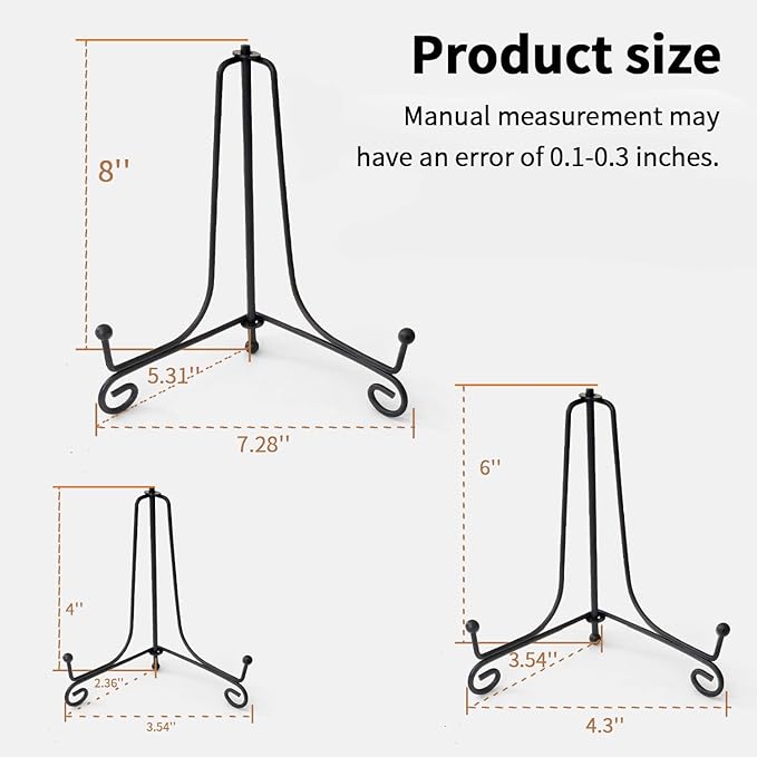 Iron Plate Stands for Display,Foldable Book Holder & Easel Stand for Sign, Versatile Poster Stand and Small Plate Stand for Home Decor, Art, Photo Frame, Card, Crystal Display (Black, 4 6 8 inch (6Pcs))