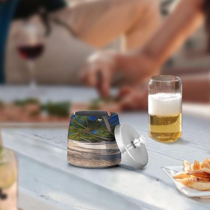 Hawaii Beach Sea Ashtray with Lid, Outdoor Ashtrays for Patio, Stainless Steel Ashtray Odorless Smokeless for Home Office Balcony