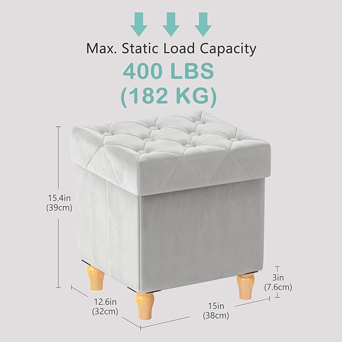 CAROLMADE Folding Storage Ottoman Cube Velvet Footstool with Wood Legs Ottoman Footrest for Living Room and Bedroom, Grey 15"x12.6"x15.4”